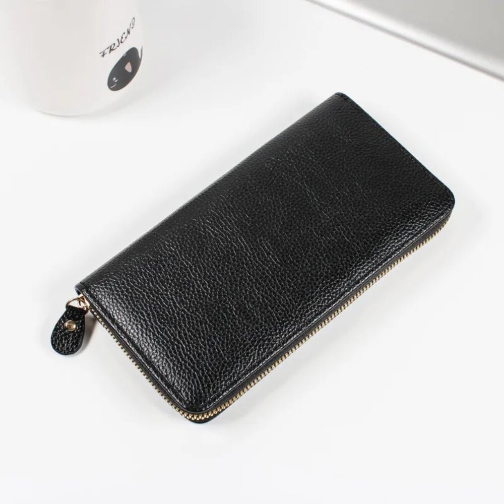 2/$30 Classic Long Black PU Leather Wallet with Zipper Closure
